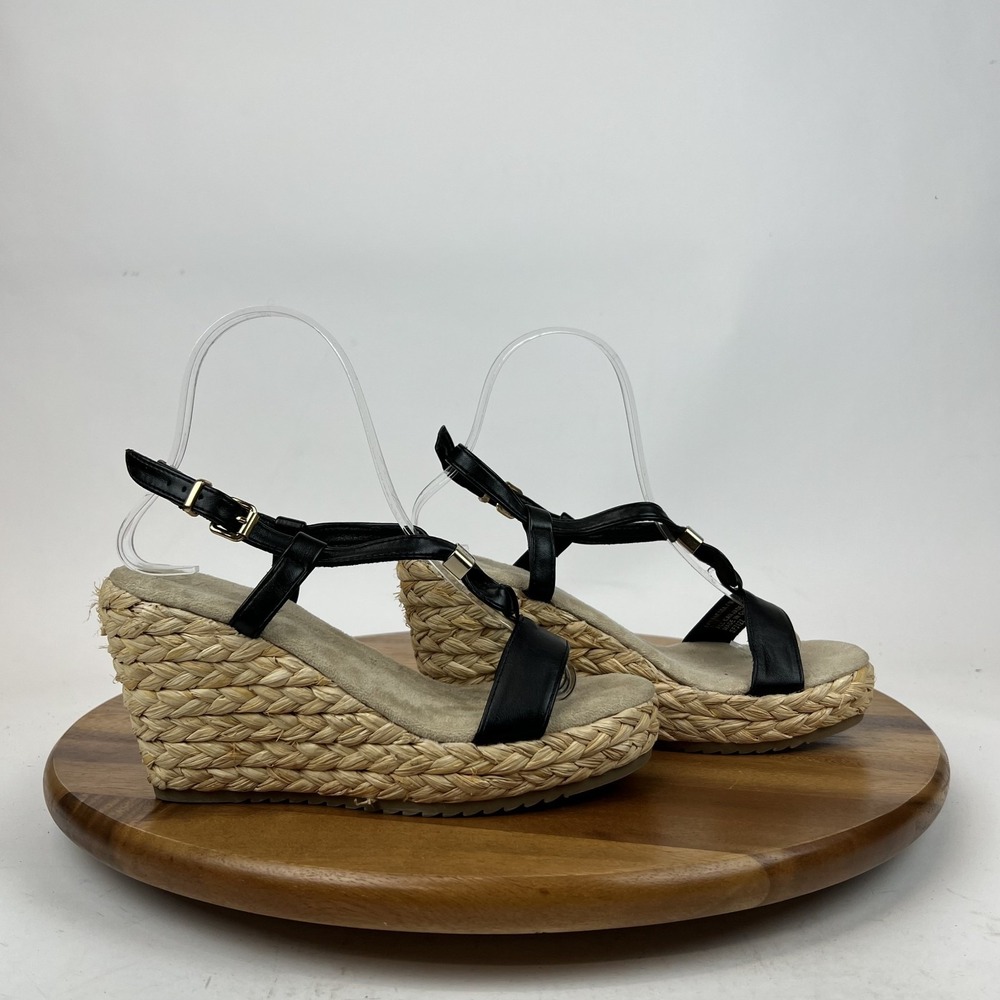 Womens Anne Klein Wanessa Black Faux Leather Platform Espadrille Sandals Sz 5.5